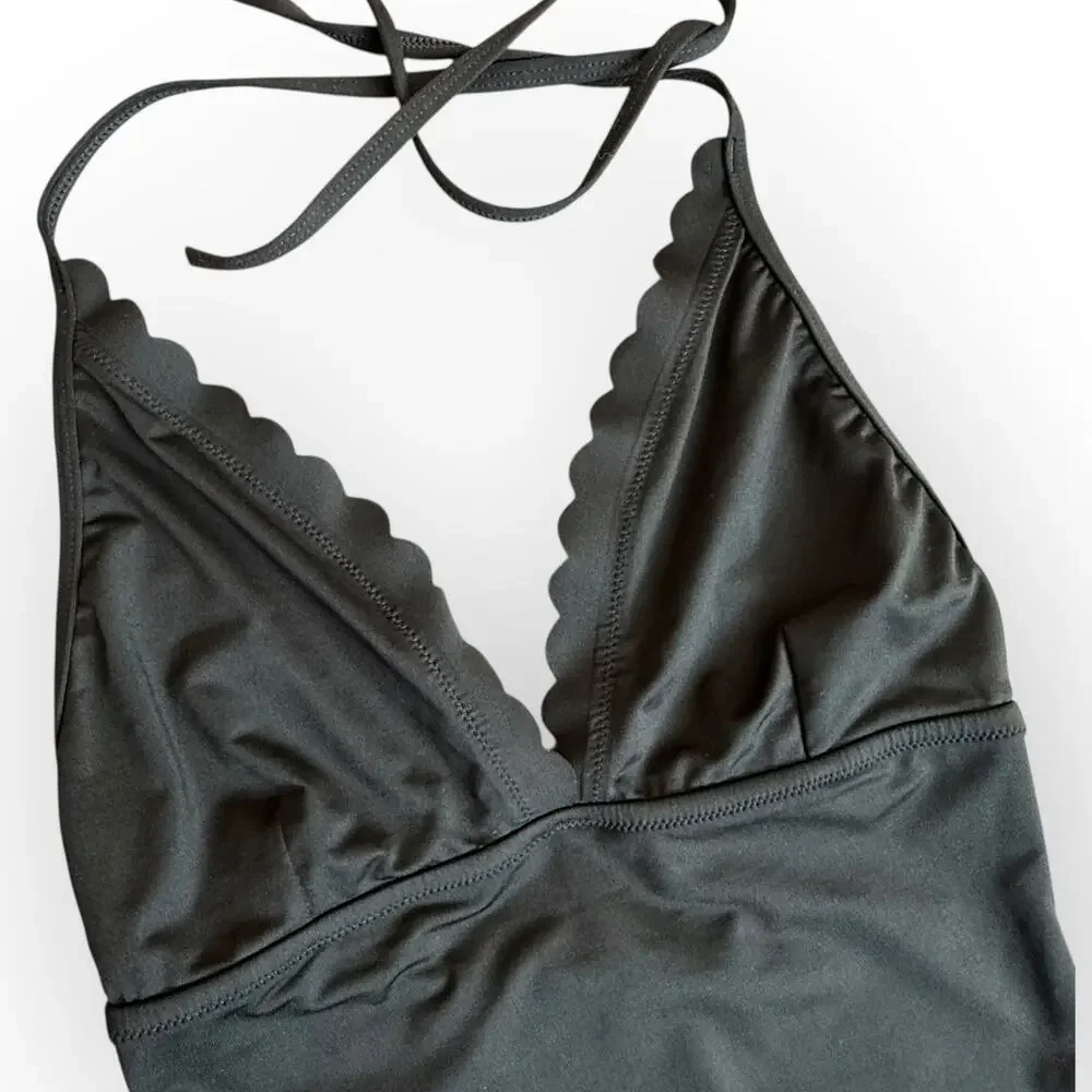 J. Crew Factory Black One-Piece Swimsuit with Scallop Trim